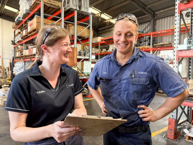 Laura and Leon in ABCO Precision Machining headquarters in Bribane, going over a tailored machining solution for a client